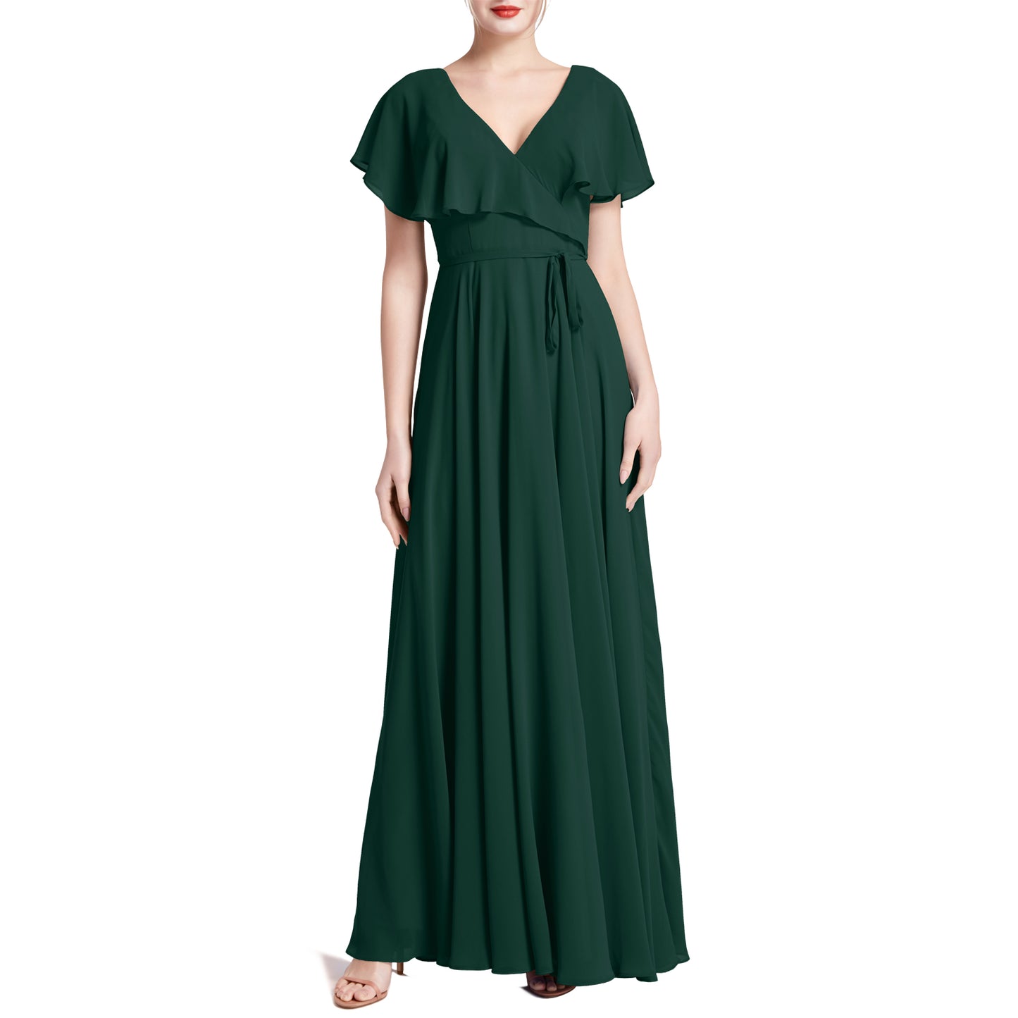 MACloth Women V Neck Ruffle BatWing Short Sleeve Maxi Wedding Bridesmaid Dresses