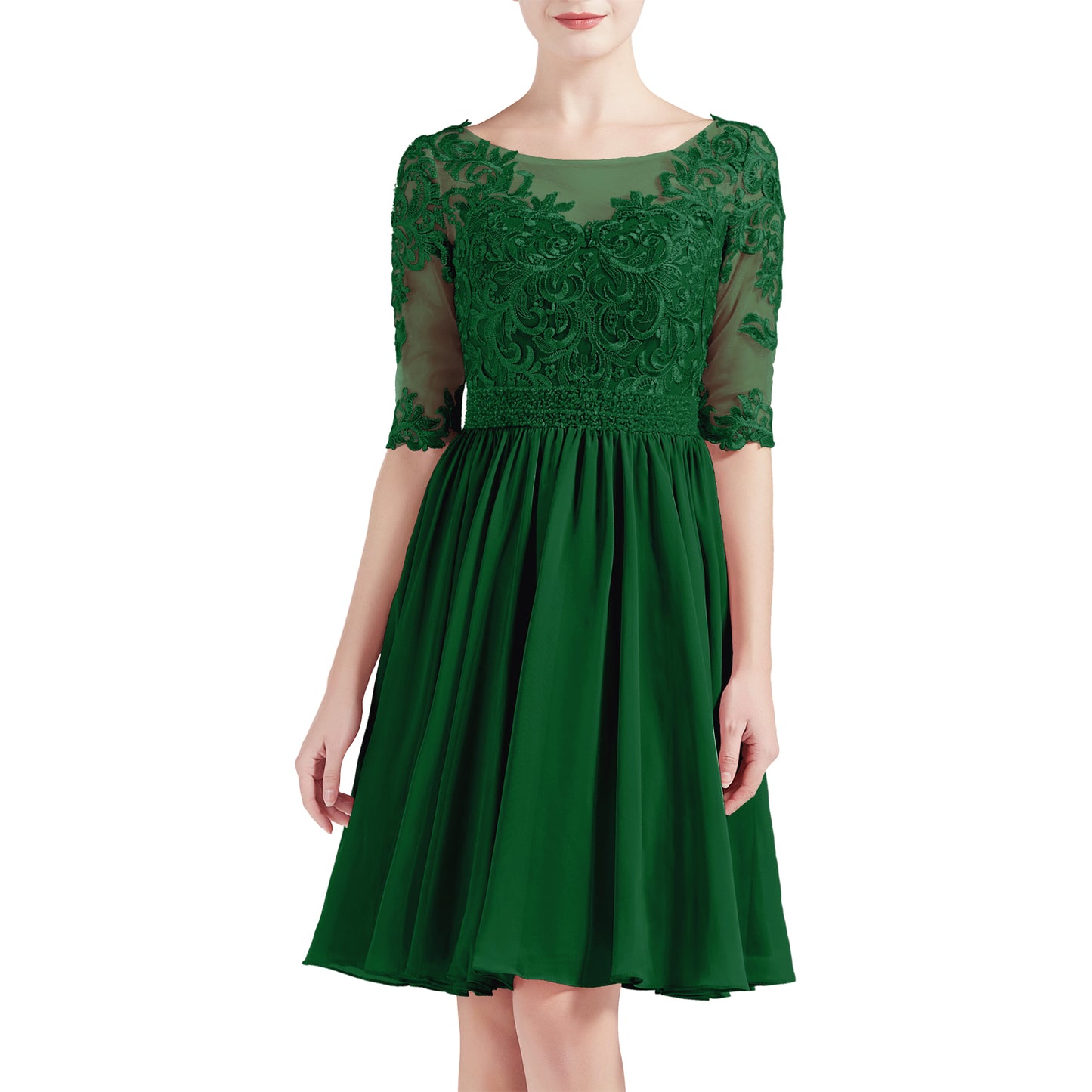 MACloth Women Half Sleeves Short Lace Beading Boat Neckline Mother of Bride Dresses Wedding Bridal Party