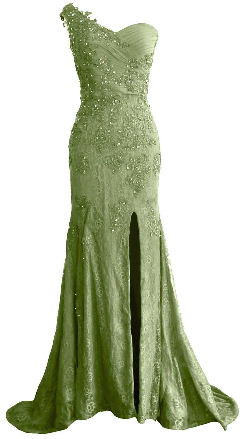 MACloth Women Prom Dresses Mermaid One Shoulder Long Lace Maxi Wedding Gown Long