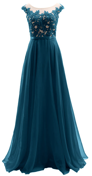 MACloth Cap Sleeves Illusion Long Prom Dress Lace Chiffon Wedding Party Dress