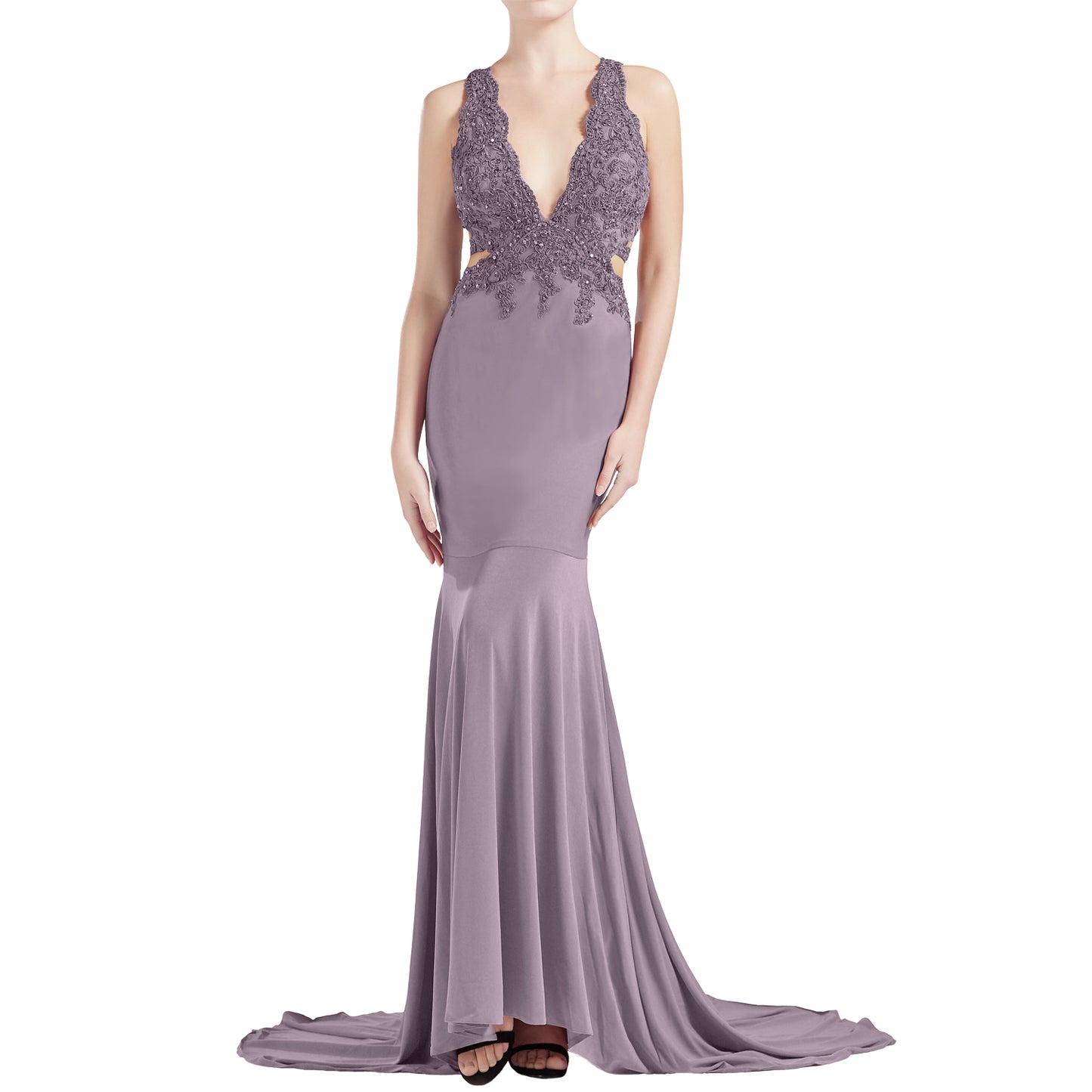 MACloth Damen Meerjungfrau V-Ausschnitt Spitze Langes Ballkleid Formales Abendkleid