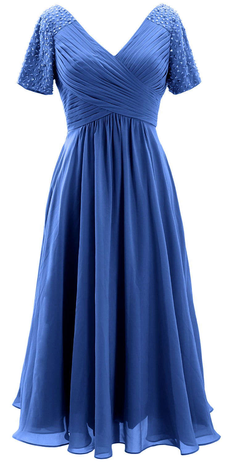 MACloth Women Midi Mother Bride Dresses Short Sleeves Wedding Guest Tea Length Royal Blue / Tea Length / US14