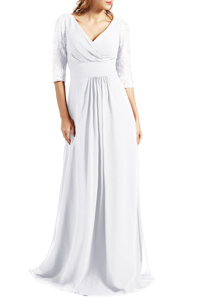 MACloth Women Long Mother of the Bride Dresses V Neck 3/4 Sleeves Evening Gown