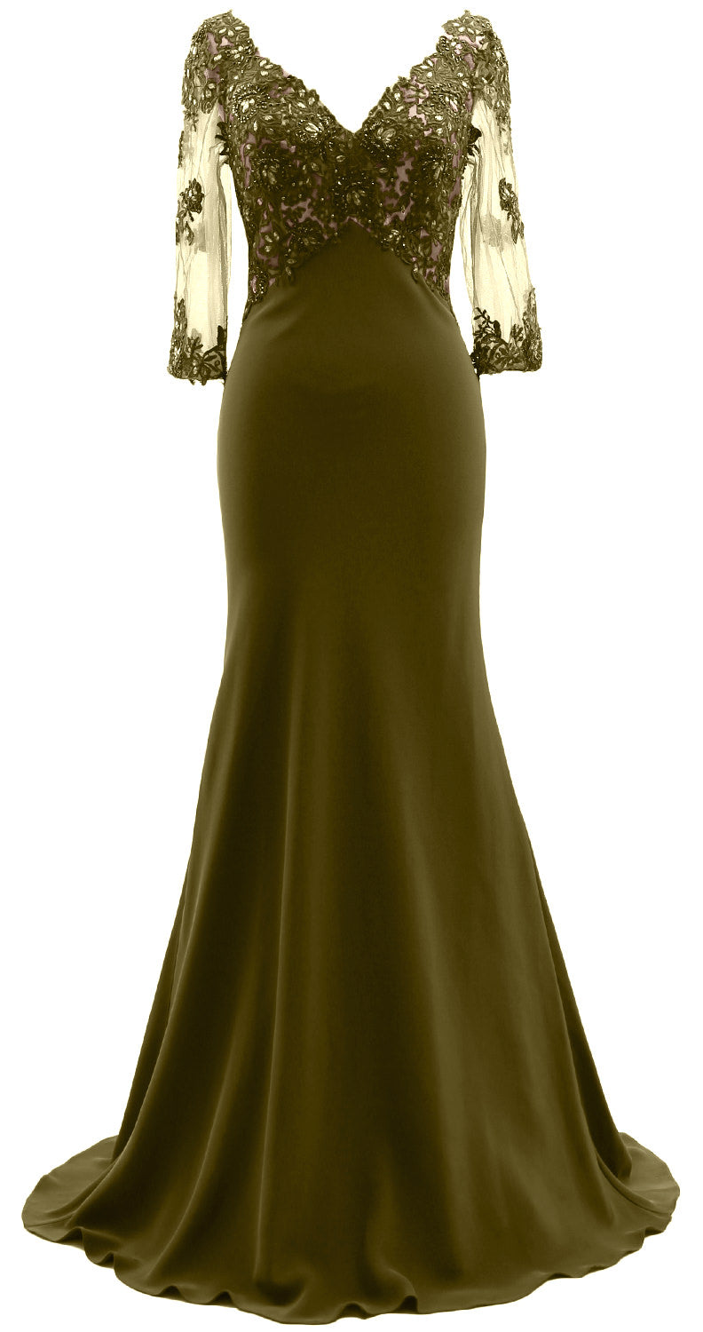 MACloth 3/4 Sleeves Illusion Lace Evening Gown V Neck Mother of the Bride Dress