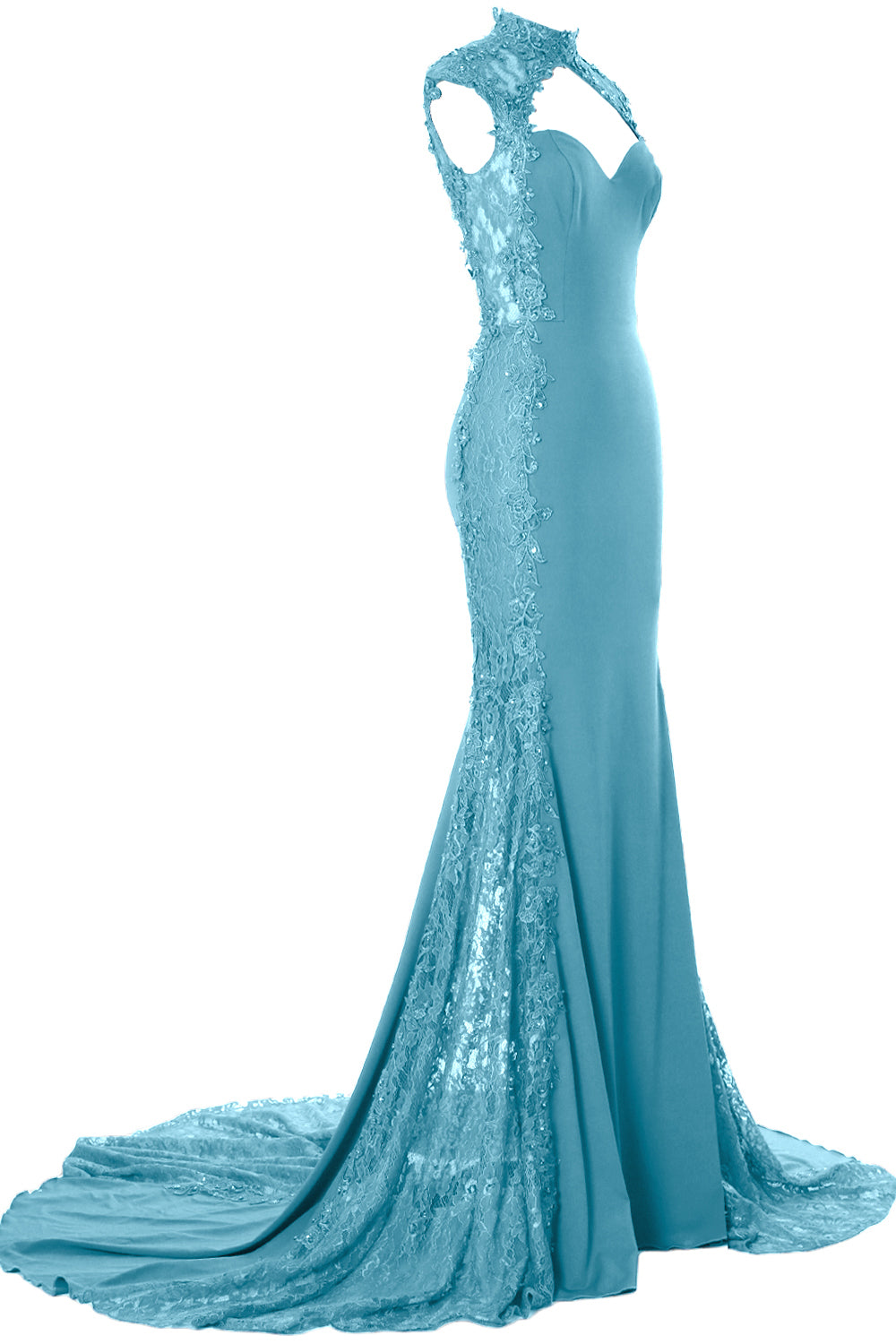 MACloth Women Prom Dresses Mermaid High Neck Sleeveless Lace Formal Evening Gown