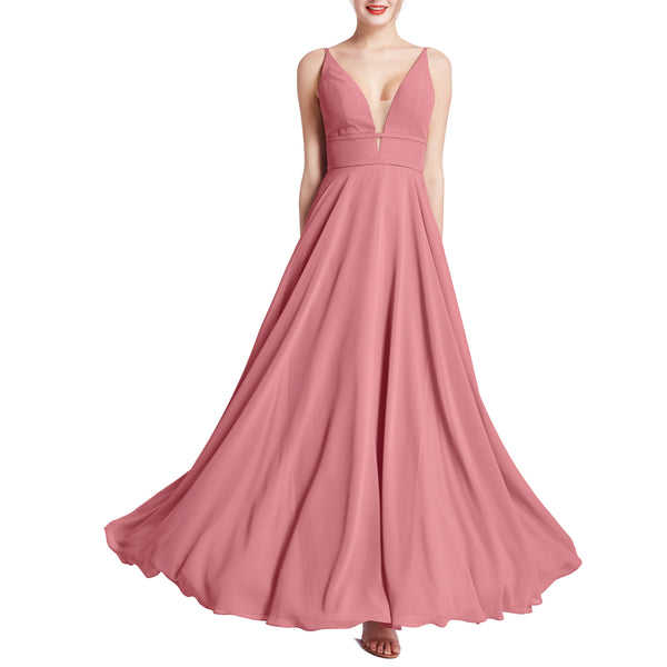 MACloth Women Plunge V Neck Long Elegant Wedding Party Bridesmaid Dresses