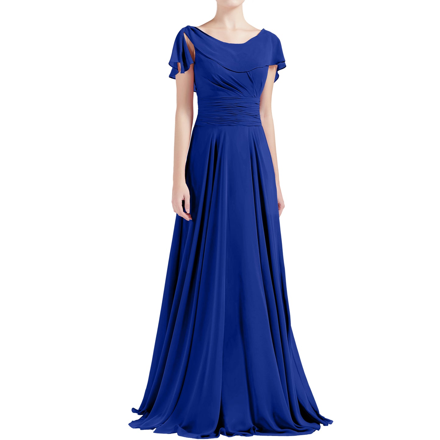 MACloth Damen O-Ausschnitt Rüschen Kurze Ärmel A-Linie Maxikleid Hochzeit Brautjungfernkleid