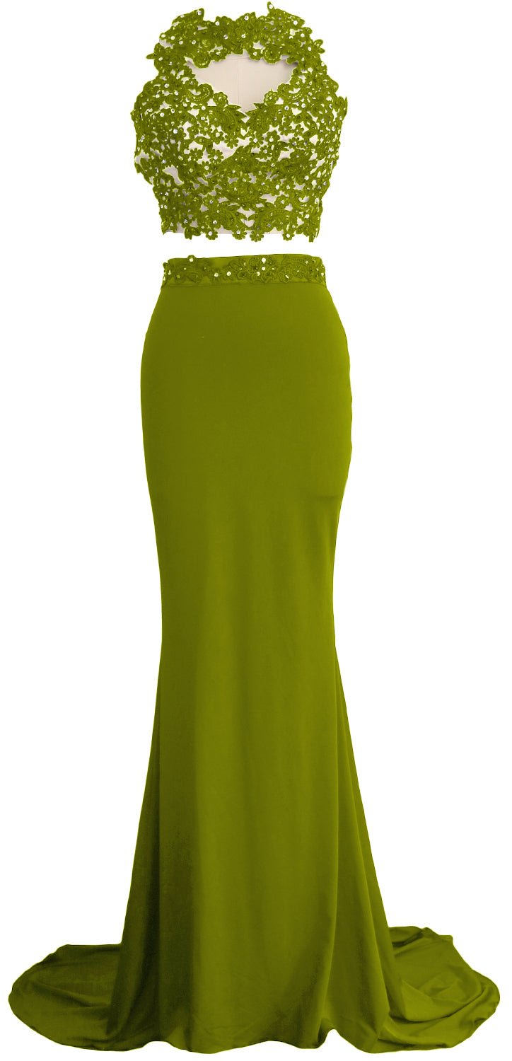 MACloth Damen Meerjungfrau 2-teiliges langes Ballkleid aus Spitze und Jersey, Abendkleid