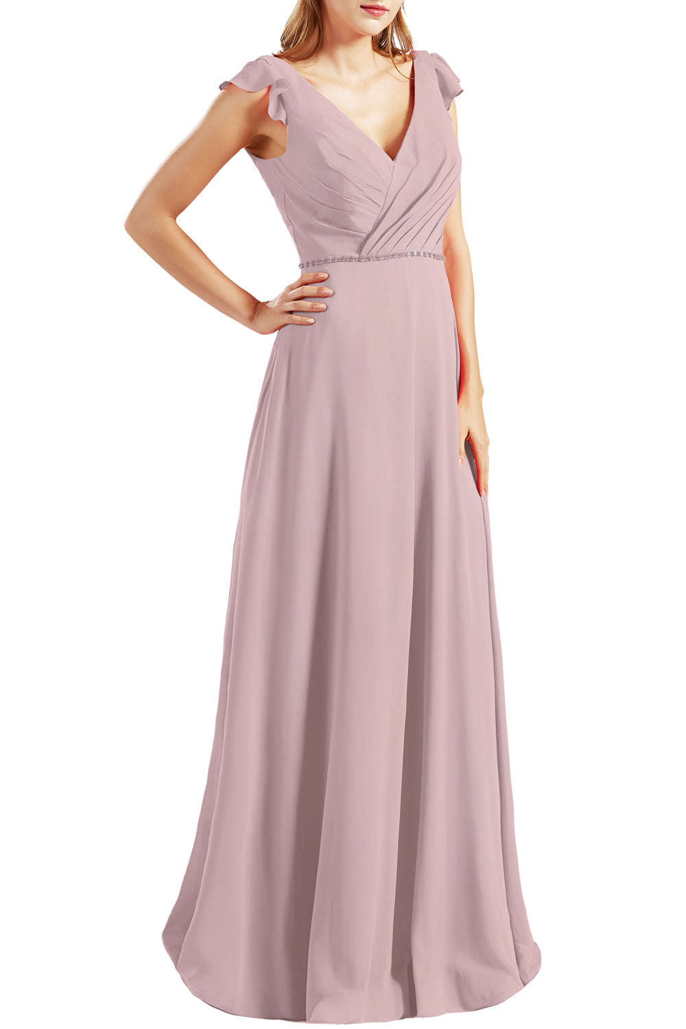 MACloth Women Cap Sleeves V Neck Chiffon Long Bridesmaid Dresses Evening Gown