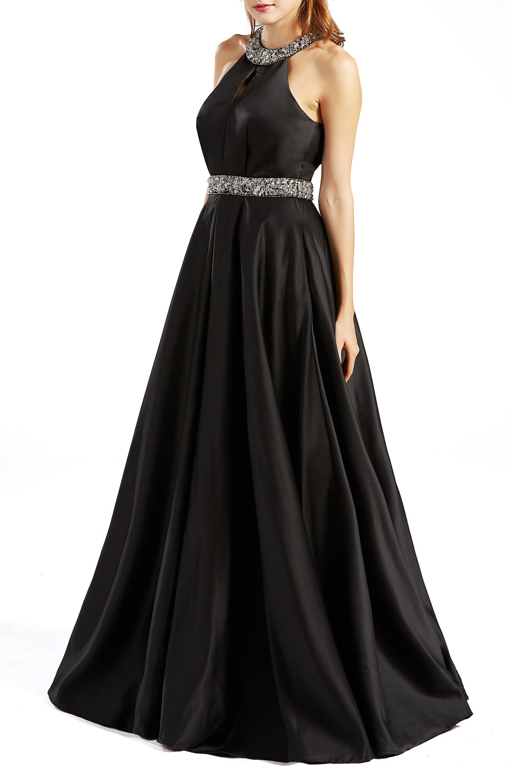 MACloth Women Satin Prom Dresses with Pockets Halter Long Formal Evening Gown