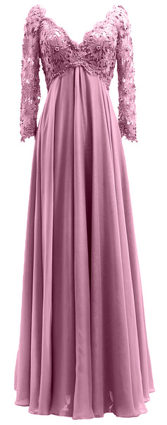 MACloth Women Mother of Bride Dresses V Neck Lace Long Sleeves Evening Gown