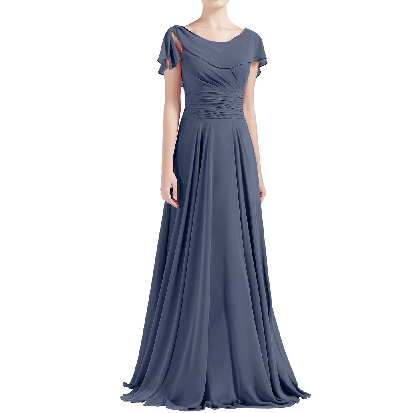 MACloth Damen O-Ausschnitt Rüschen Kurze Ärmel A-Linie Maxikleid Hochzeit Brautjungfernkleid