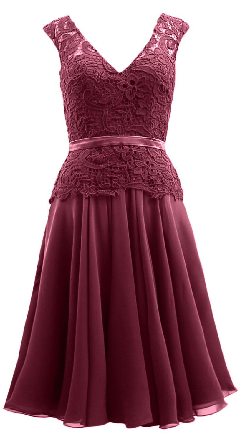 MACloth Women V Neck Lace Chiffon Party Formal Gown Midi Mother of Bride Dress