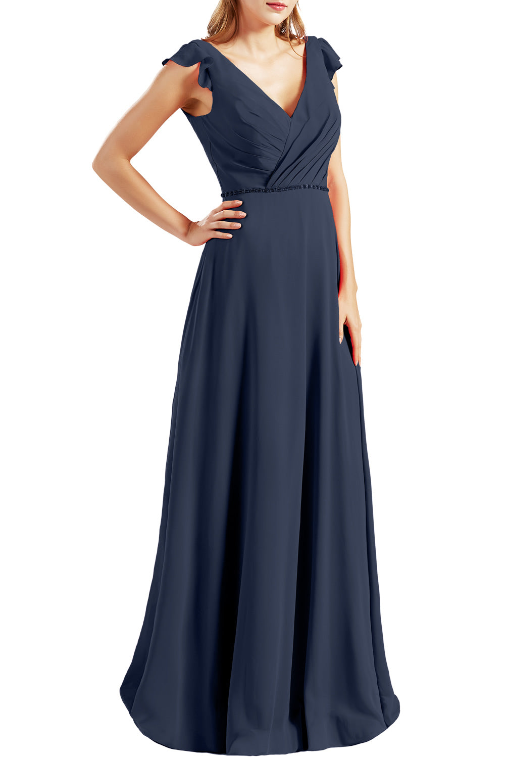 MACloth Women Cap Sleeves V Neck Chiffon Long Bridesmaid Dresses Evening Gown