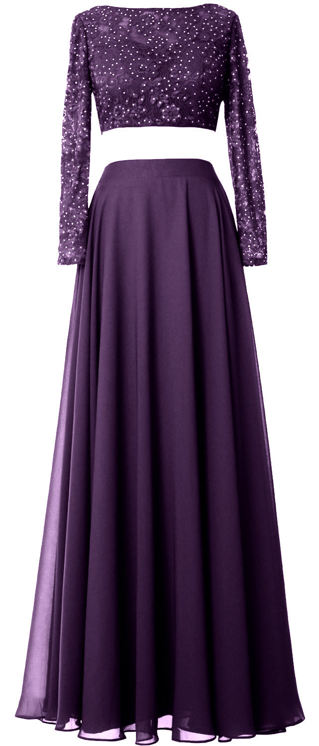 MACloth Damen Abendkleid aus Spitze und Chiffon, 2-teilig, lange Ärmel, Ballkleid