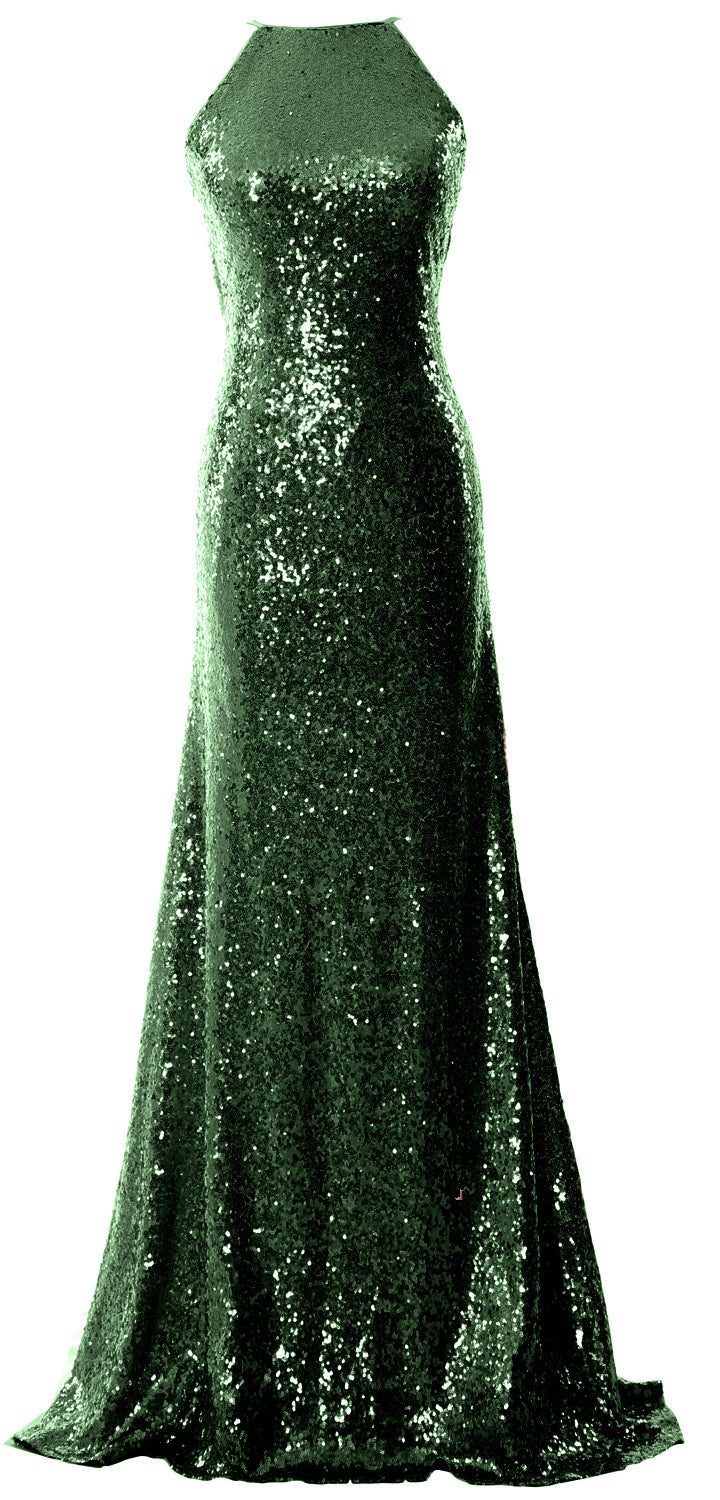MACloth Women Bridesmaid Dress Sequin Long Halter Cowlback Prom Ball Gown
