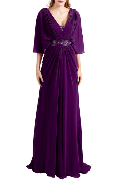 MACloth Women Elegant Long V Neck Mother of Bride Dresses Evening Gown Sleeves