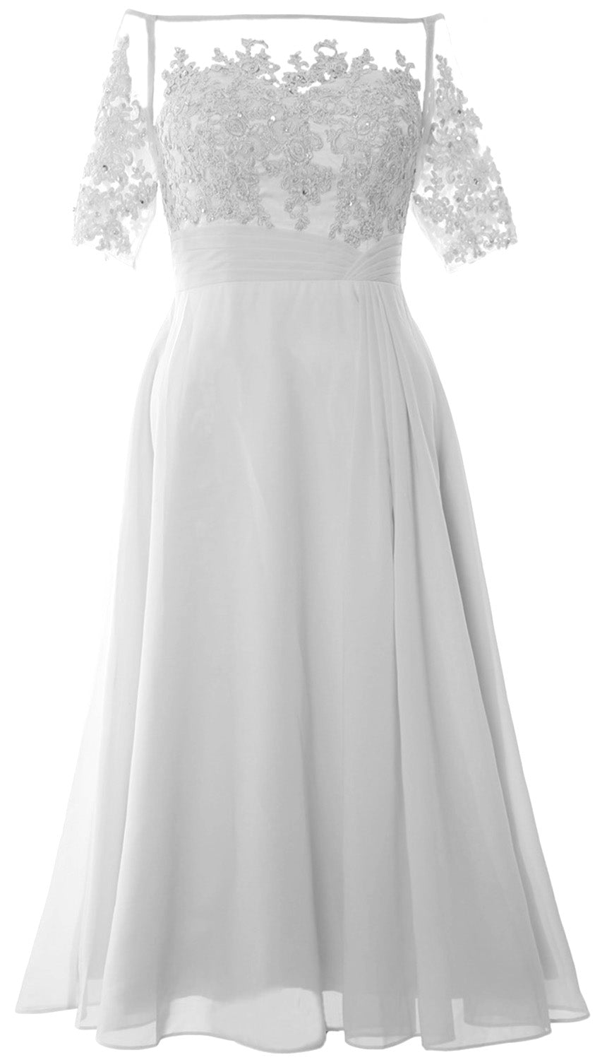 Vestidos de madre de la novia de MACloth, mangas cortas, midi, hombros descubiertos, semi formales