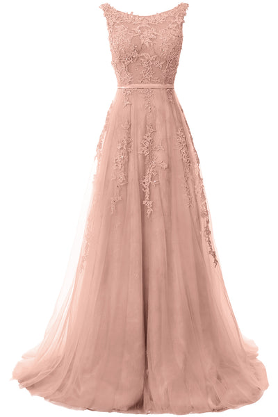MACloth Lace Prom Dresses Boat Neck Sleeveless Lace Wedding Formal Evening Gown