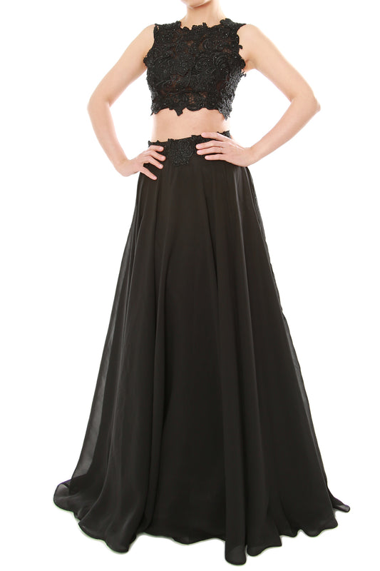 MACloth Vestido largo de gasa con encaje y cuello alto de dos piezas para mujer, vestido de fiesta formal para graduación