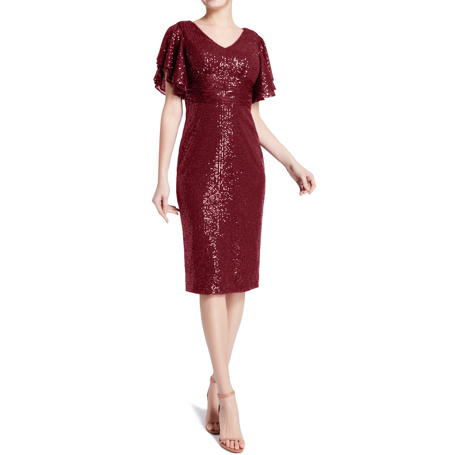 MACloth - Vestidos de cóctel de corte imperio con lentejuelas, escote en V, mangas de ángel con volantes y cortos para mujer