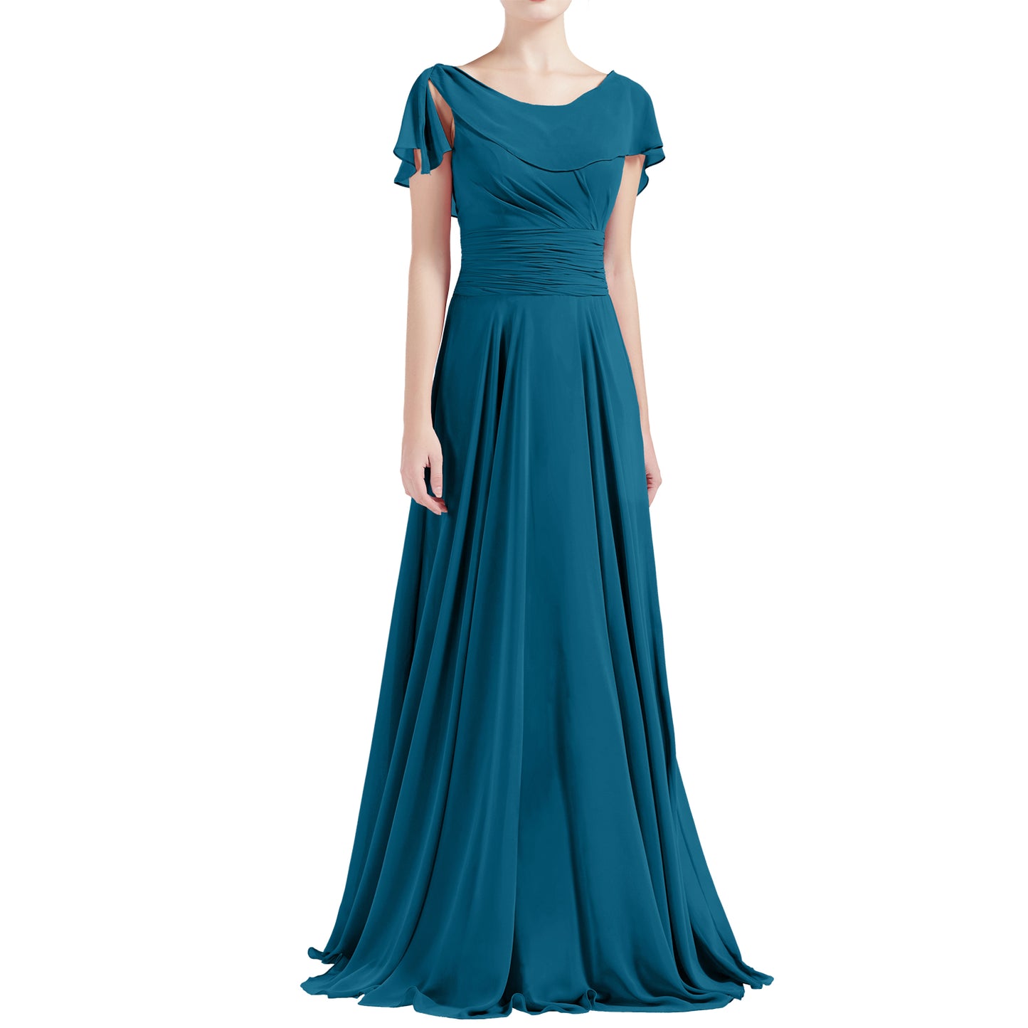 MACloth Damen O-Ausschnitt Rüschen Kurze Ärmel A-Linie Maxikleid Hochzeit Brautjungfernkleid