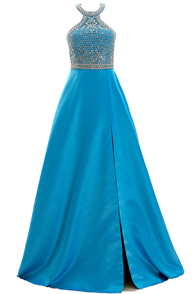 MACloth Women Halter Beaded Satin Formal Evening Gown Long Prom Dress with Slit