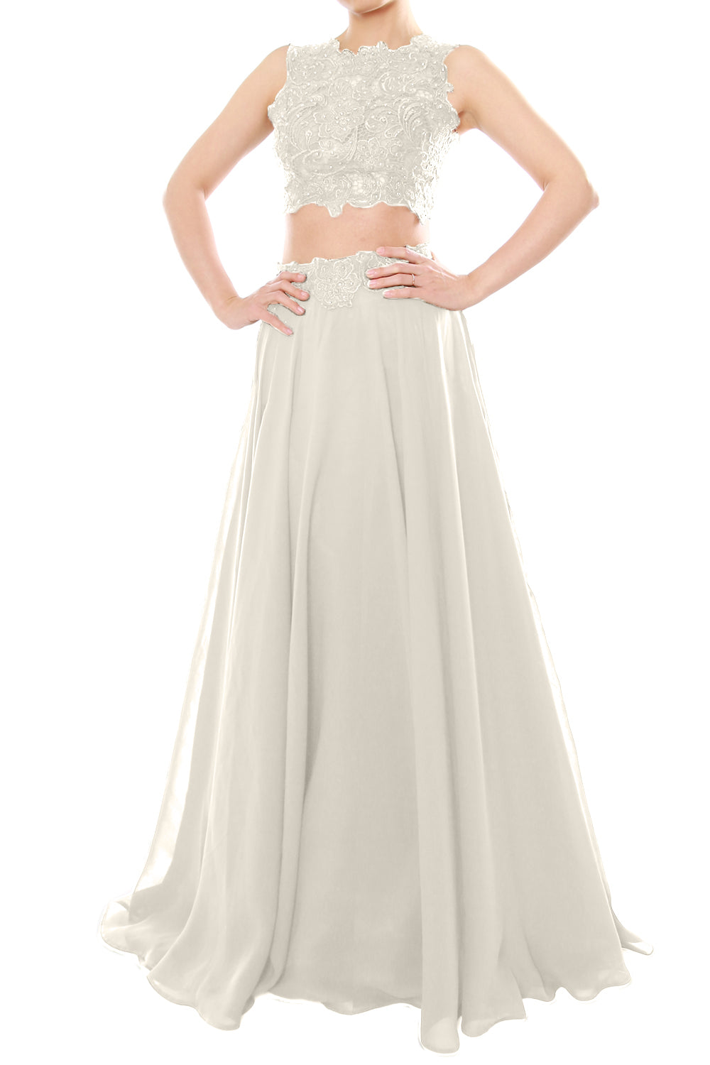 MACloth Vestido largo de gasa con encaje y cuello alto de dos piezas para mujer, vestido de fiesta formal para graduación