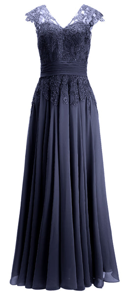 MACloth Women Maxi Mother of Bride Dresses Cap Sleeve V Neck Lace Evening Gown