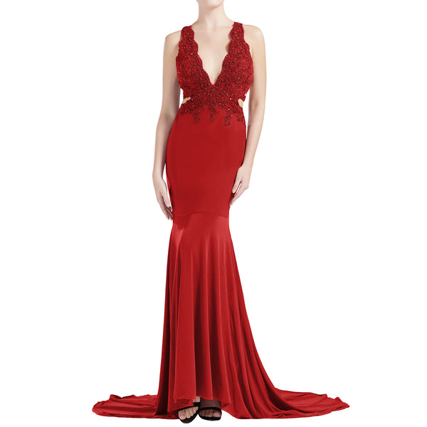 MACloth Women Mermaid V Plunging Neck Lace Long Prom Dresses Formal Evening Gown