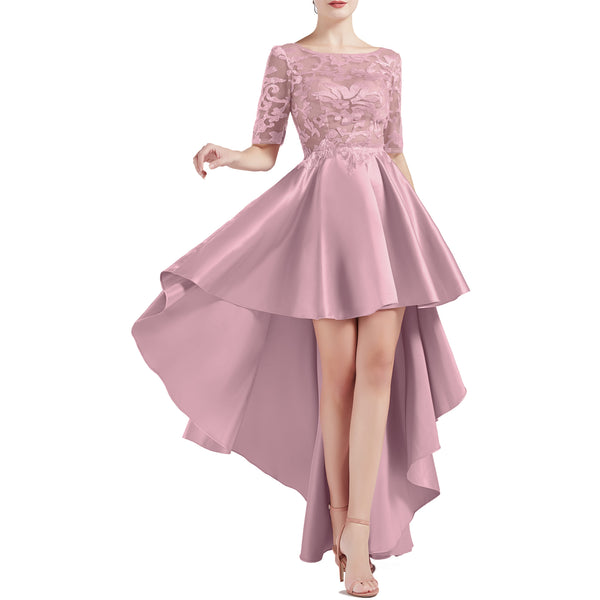 MACloth Women Scoop Neckline Half Sleeve High Low Lace Satin Prom Party Homecoming Dresses