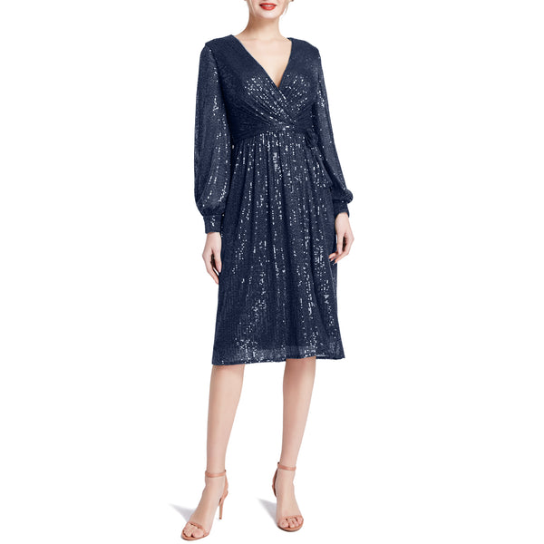 MACloth Women V Neck Long Sleeve Short Wrap Sequin Wedding Guest Cocktail Dress