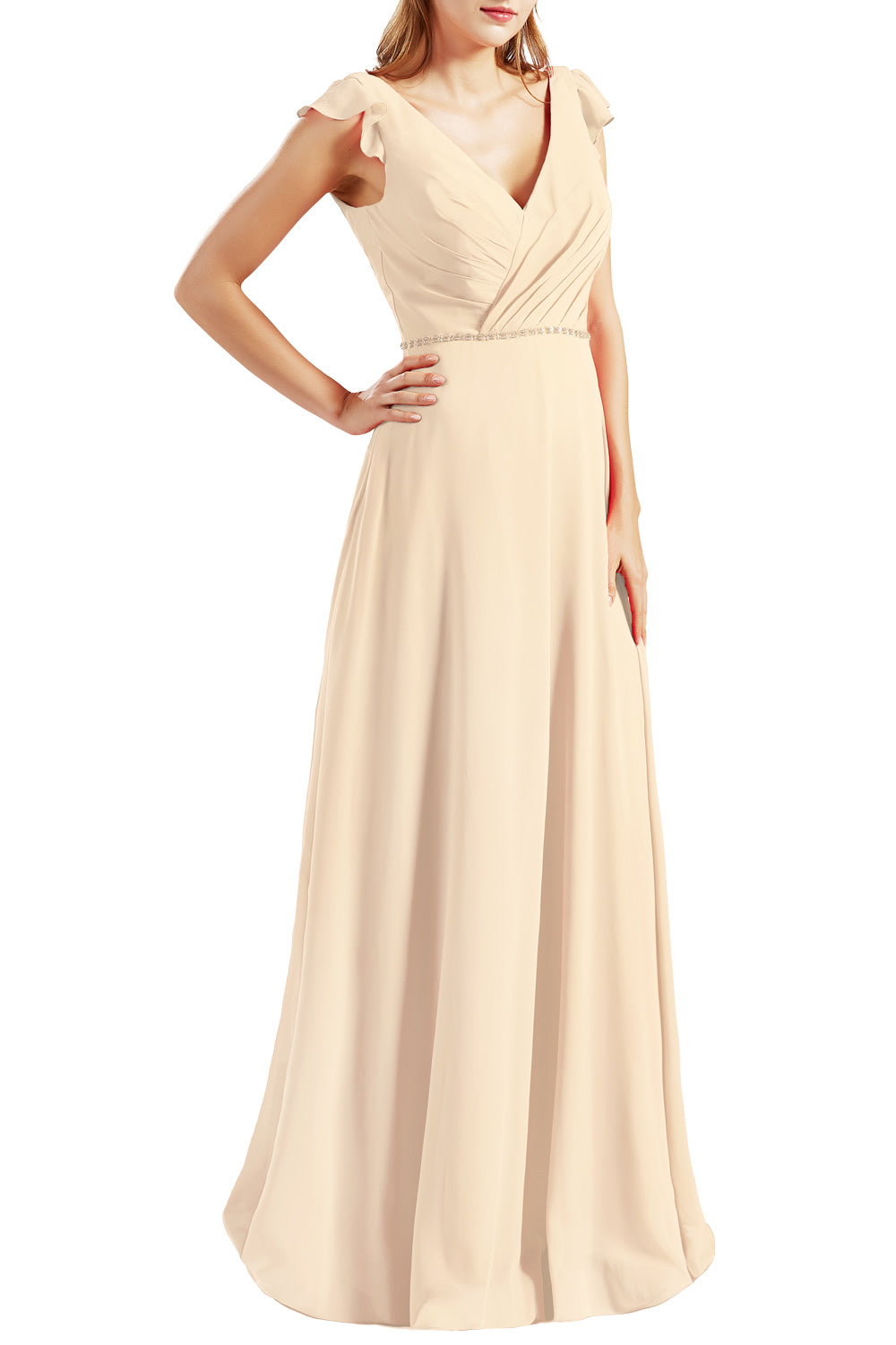 MACloth Women Cap Sleeves V Neck Chiffon Long Bridesmaid Dresses Evening Gown