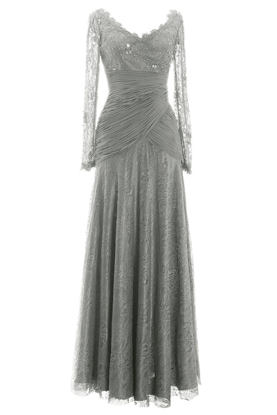 MACloth Women Long Sleeve V Neck Bead Mother of Bride Formal Dress Evening Gown