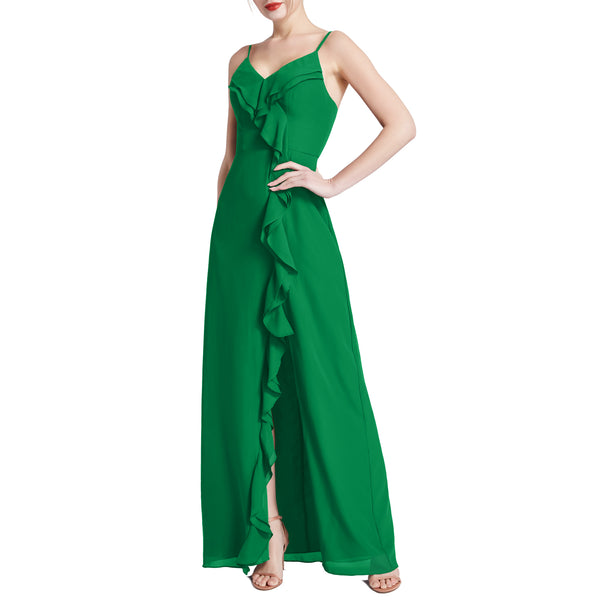 MACloth Women V Neck Ruffle Chiffon Long Wedding Party Bridesmaid Dresses Slit
