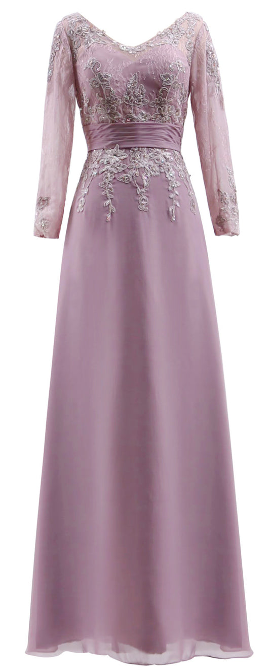 MACloth Vestidos de madre de la novia Mangas largas Cuello en V Encaje Vestido de noche formal