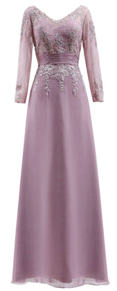 MACloth Mother of Bride Dresses Long Sleeves V Neck Lace Formal Evening Gown