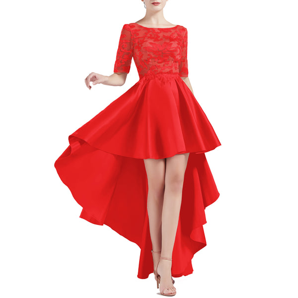 MACloth Women Scoop Neckline Half Sleeve High Low Lace Satin Prom Party Homecoming Dresses