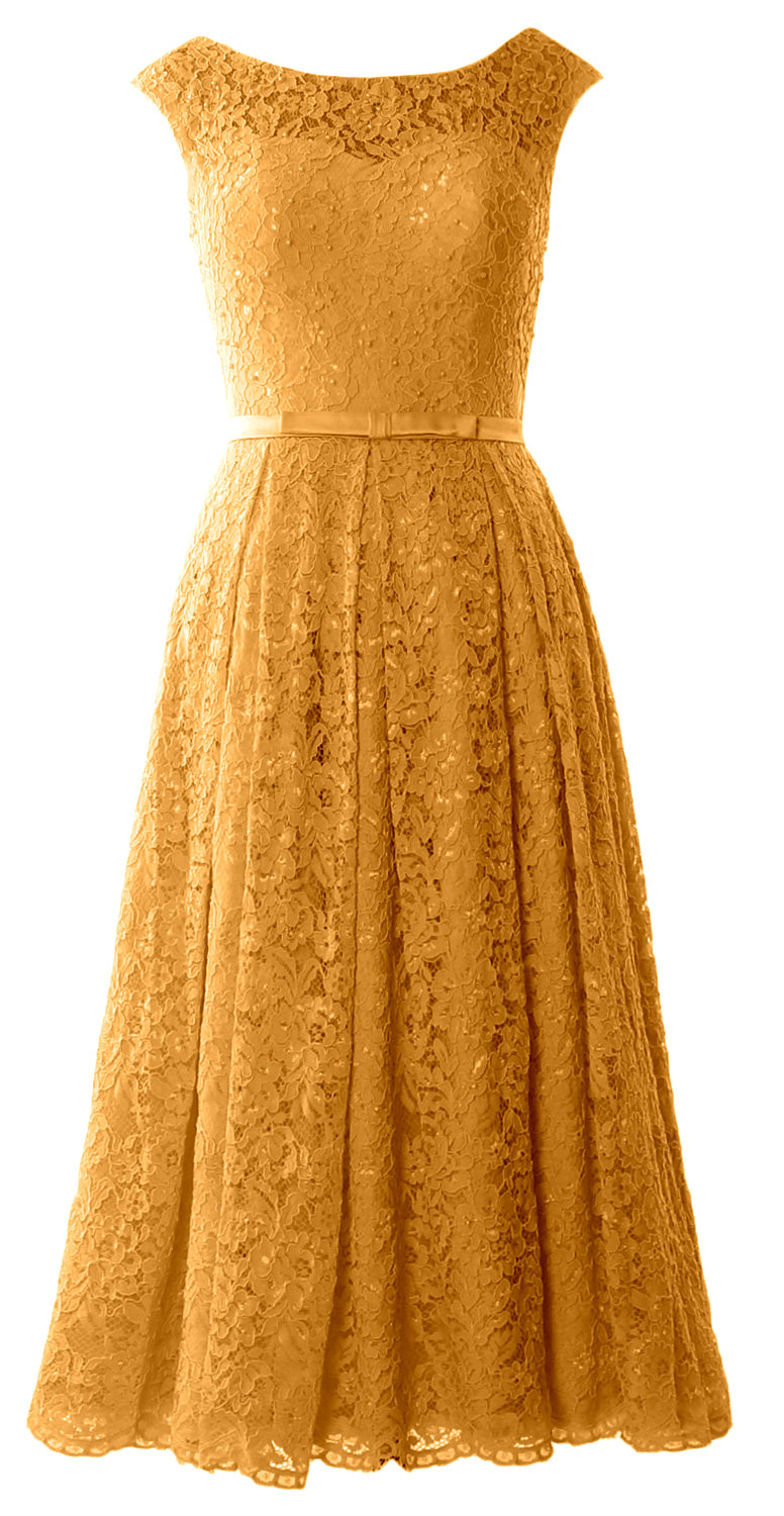 MACloth Women Tea Length Mother Bride Gown Dresses Cap Sleeve Lace Midi Corset