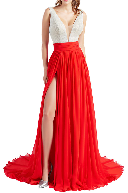 MACloth Vestido de fiesta largo con escote en V para mujer, sin mangas, vestido de noche formal con abertura