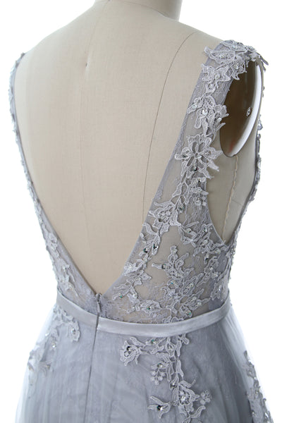 MACloth Lace Prom Dresses Boat Neck Sleeveless Lace Wedding Formal Evening Gown