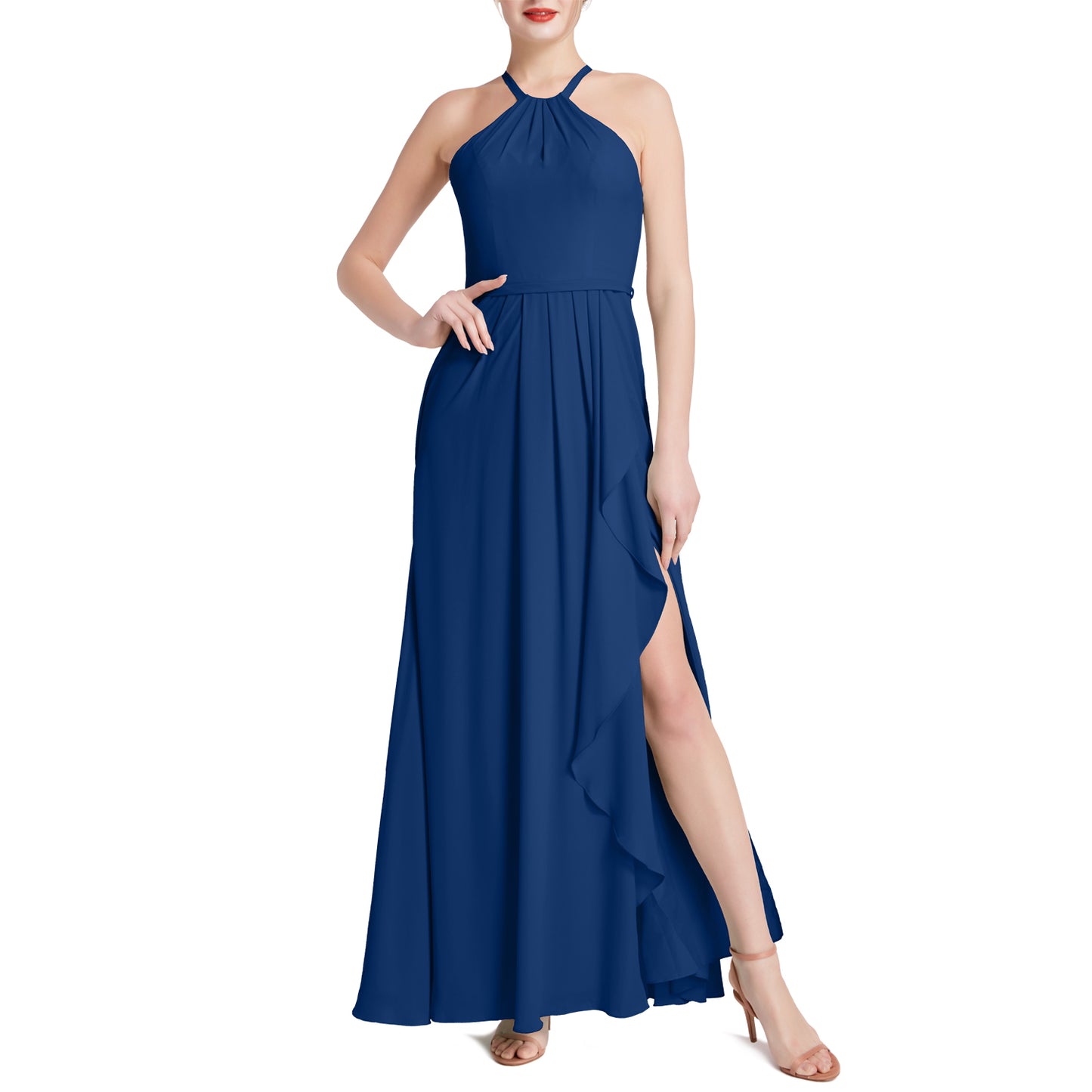 MACloth Damen Neckholder Langes Maxikleid für Hochzeit, Party, Brautjungfern, mit drapiertem Schlitz
