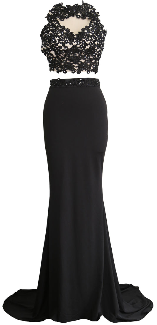 MACloth Damen Meerjungfrau 2-teiliges langes Ballkleid aus Spitze und Jersey, Abendkleid