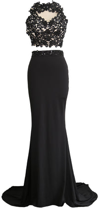 MACloth Women Mermaid 2 Piece Long Prom Dress Lace Jersey Evening Formal Gown