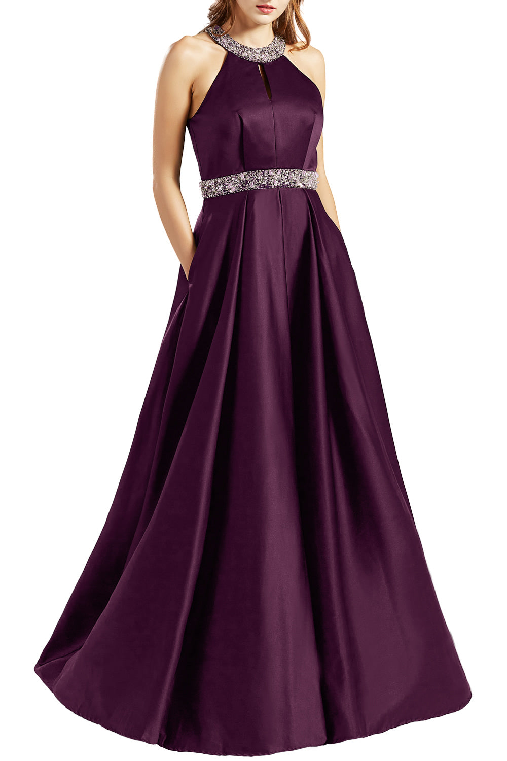 MACloth Women Satin Prom Dresses with Pockets Halter Long Formal Evening Gown