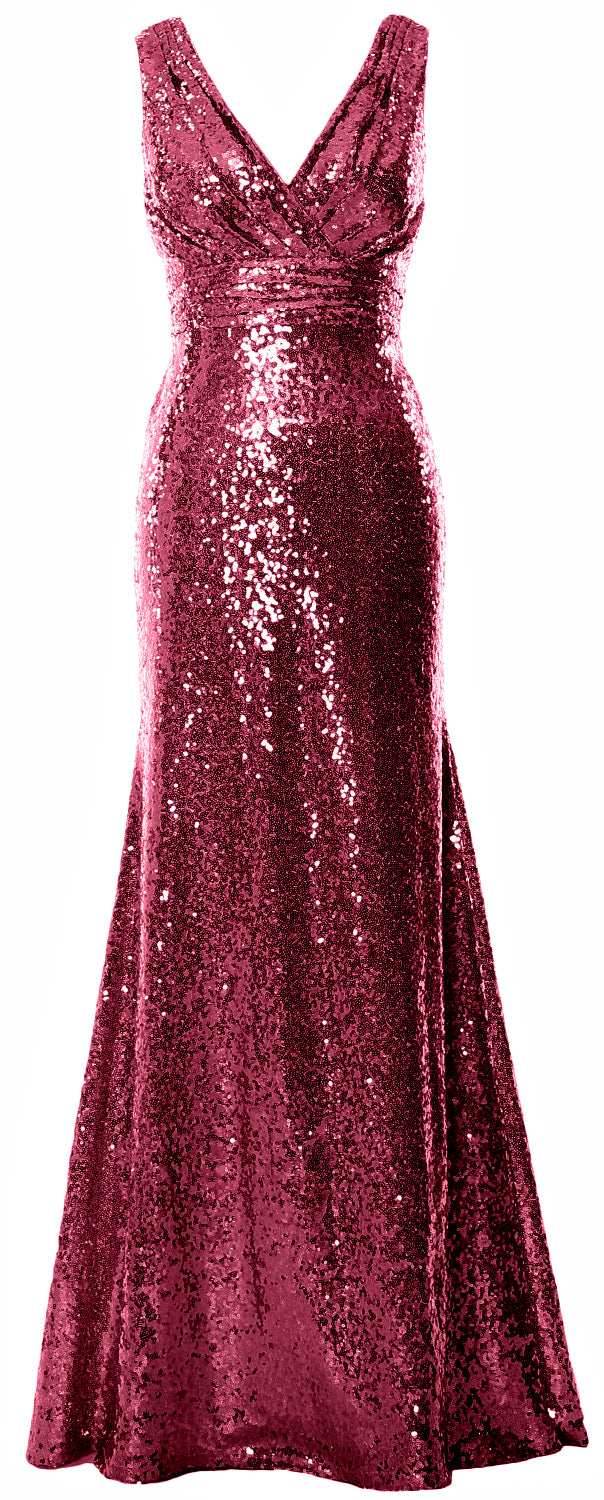 MACloth Women Mermaid V Neck Maxi Sequin Wedding Party Dresses Bridesmaid Prom