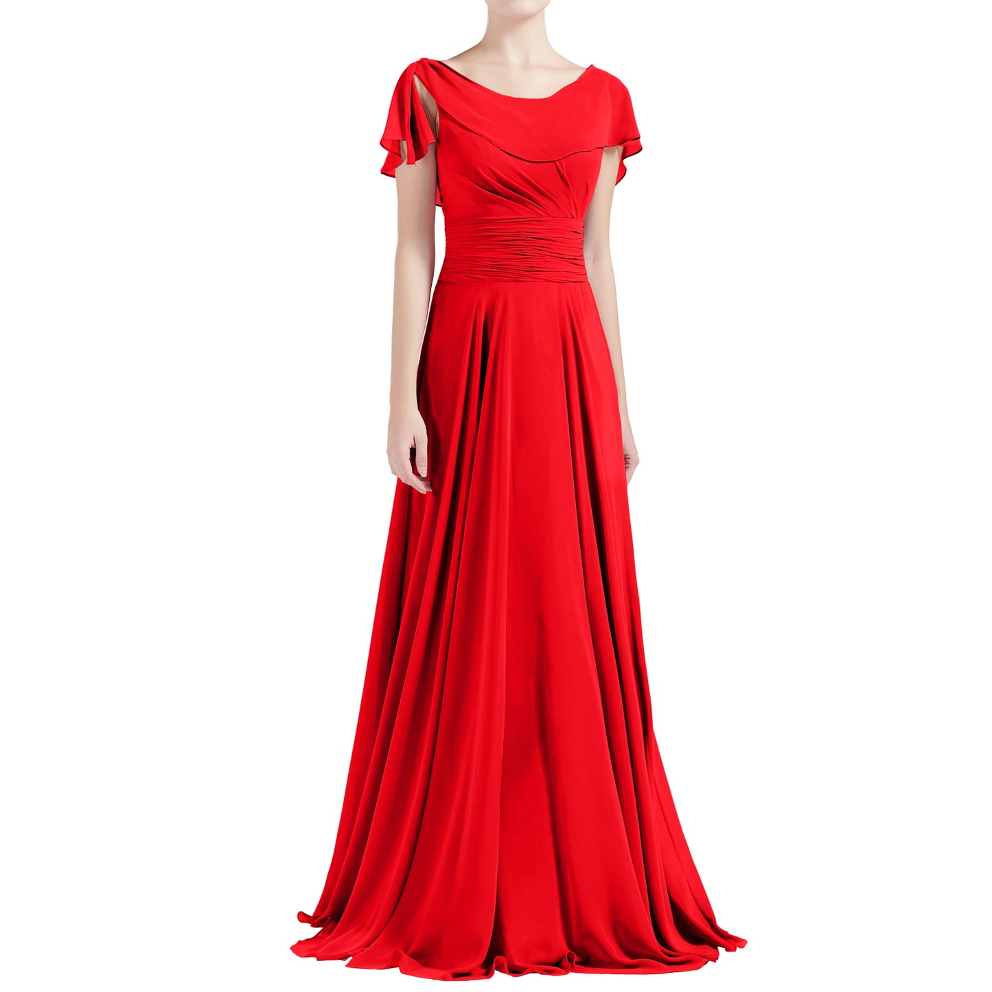 MACloth Damen O-Ausschnitt Rüschen Kurze Ärmel A-Linie Maxikleid Hochzeit Brautjungfernkleid