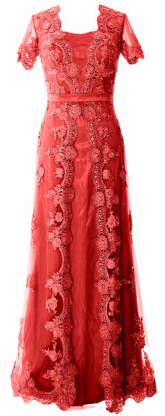 MACloth Women Mother of the Bride Dresses Short Sleeves Lace Formal Evening Gown