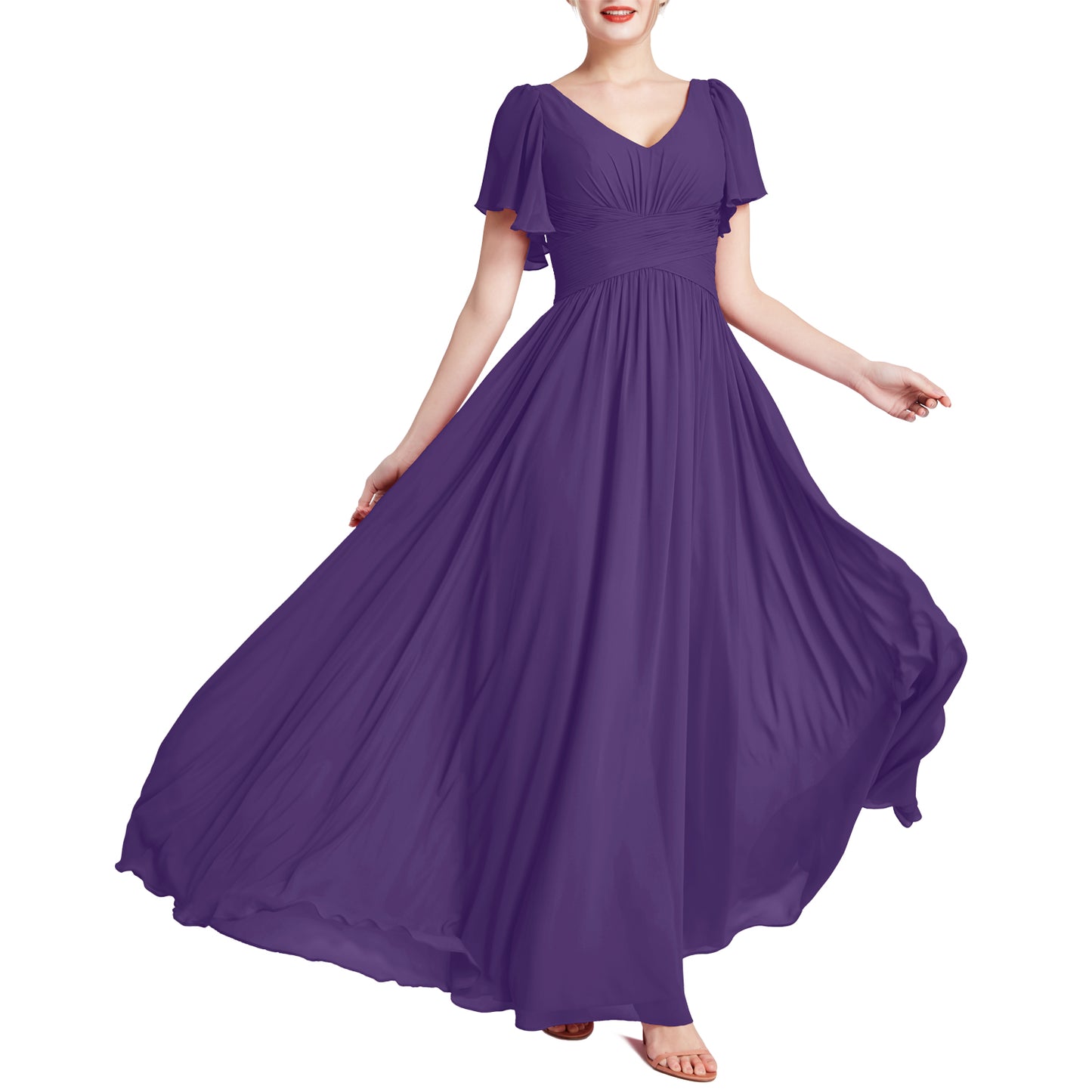 MACloth Vestidos de dama de honor románticos para fiesta de boda con cuello en V y manga corta para mujer