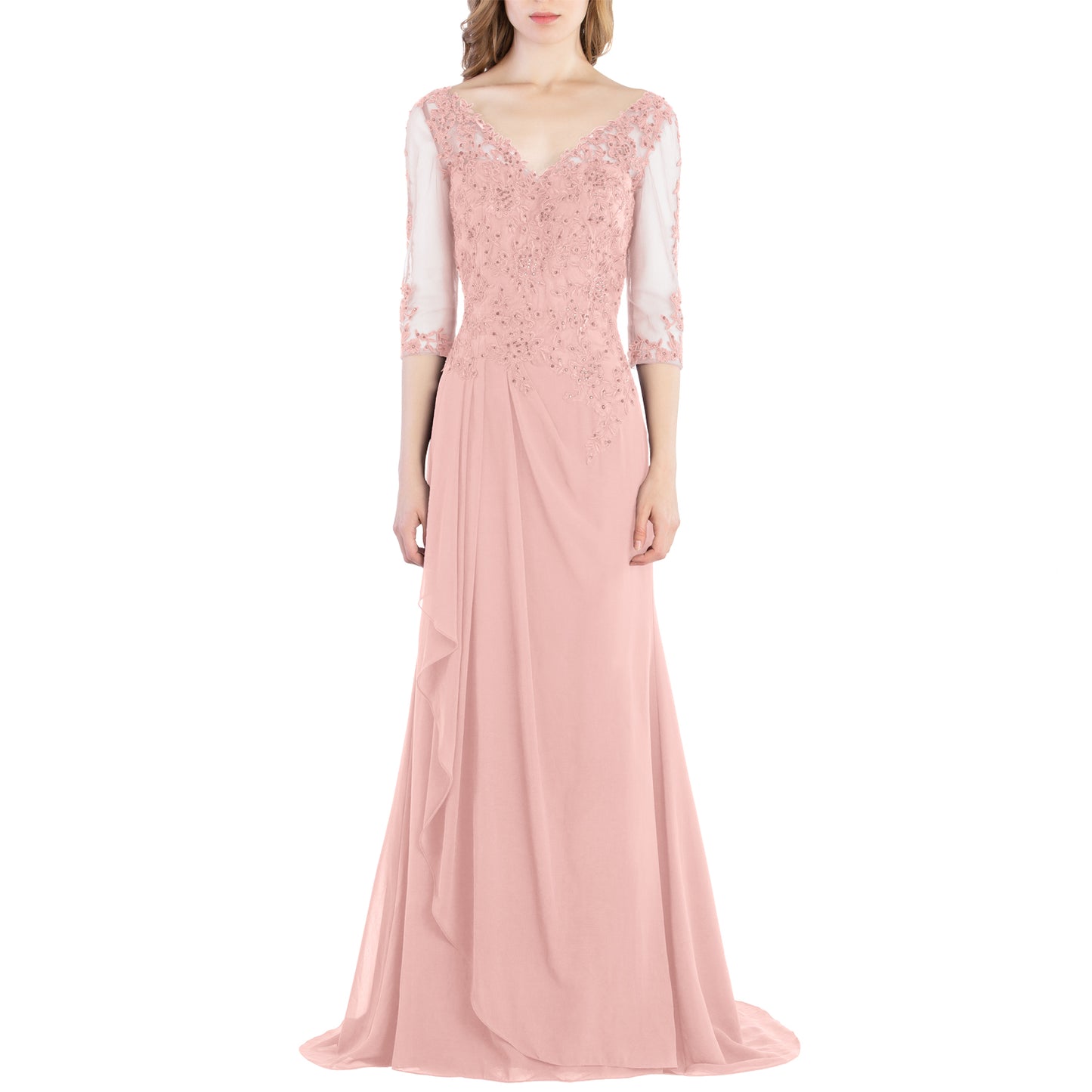 Vestido de novia largo de encaje con escote en V y mangas 3/4 de MACloth para madre de la novia y dama de honor